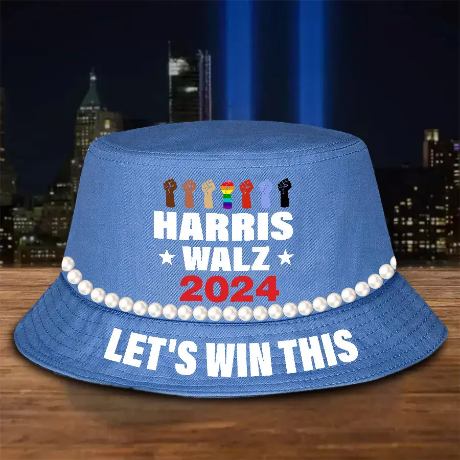 Harris Walz 2024 Bucket Hat Let's Win This Pearls Bucket Hat