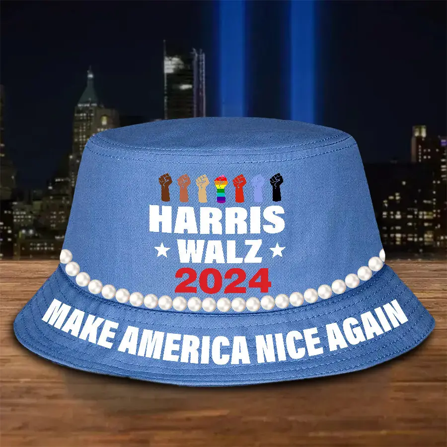 Harris Walz 2024 Bucket Hat Make America Nice Again Pearls Bucket Hat