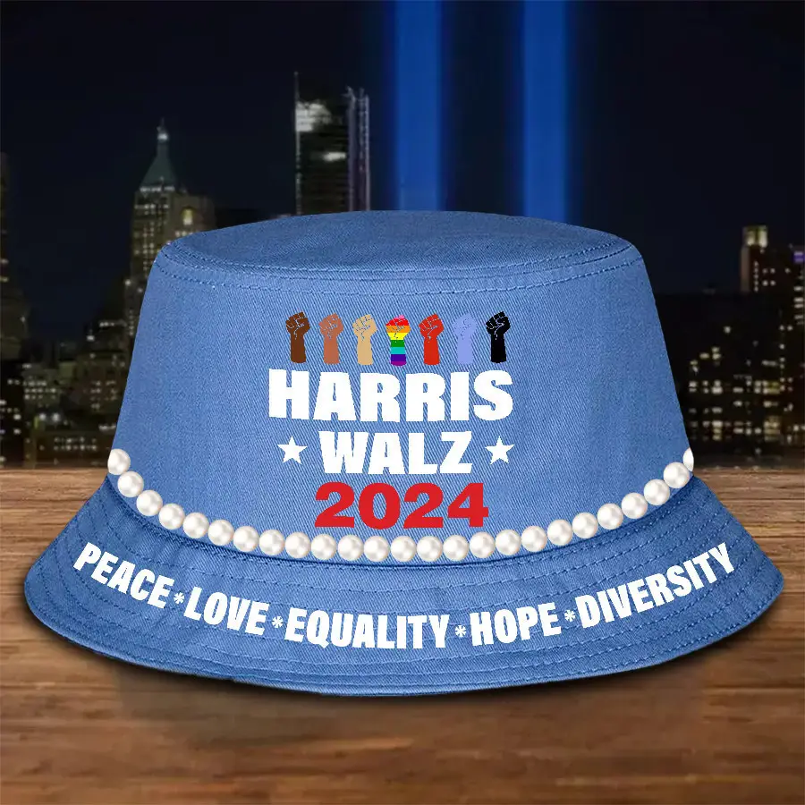 Harris Walz 2024 Bucket Hat Peace Love Equality Hope Diversity Pearls Bucket Hat