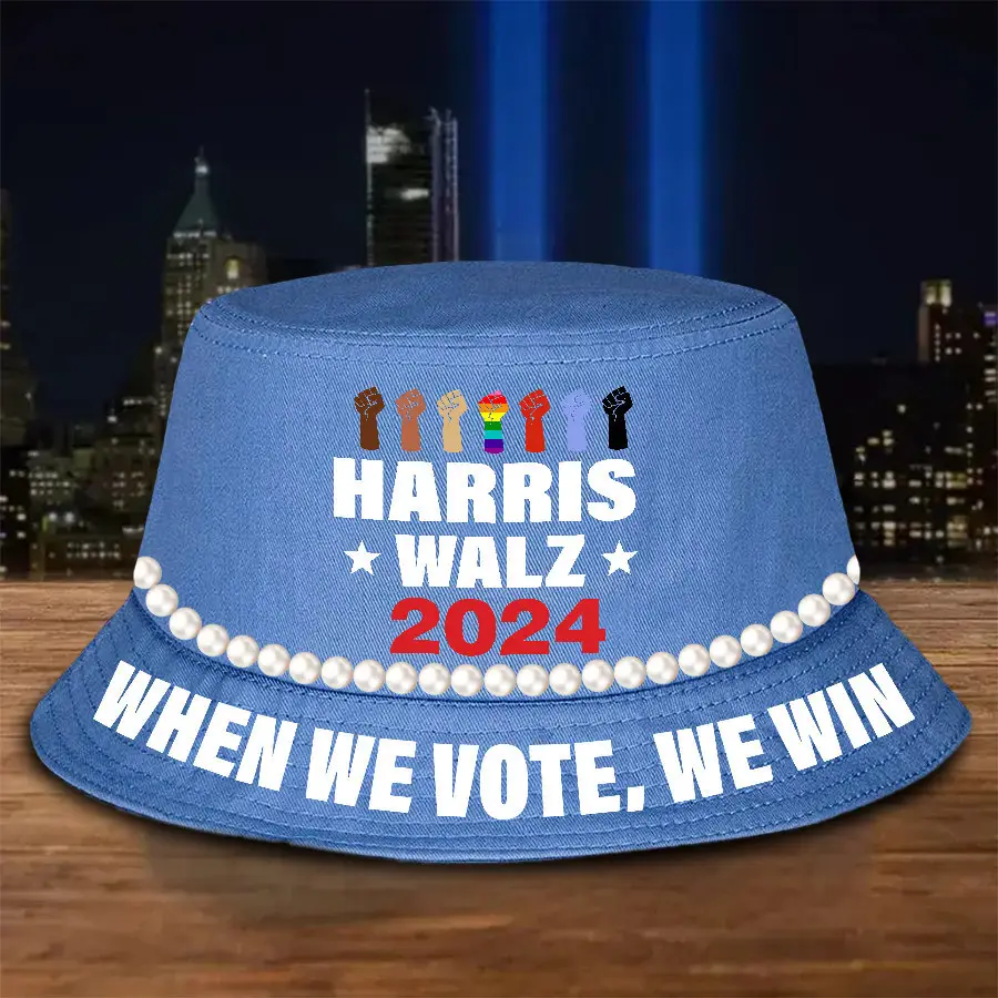 Harris Walz 2024 Bucket Hat When We Vote We Win Pearls Bucket Hat