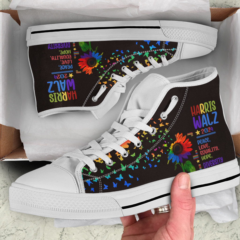 Harris Walz 2024 Peace Love Equality Hope Diversity High Top Shoes Harris Walz Supporters Shoes