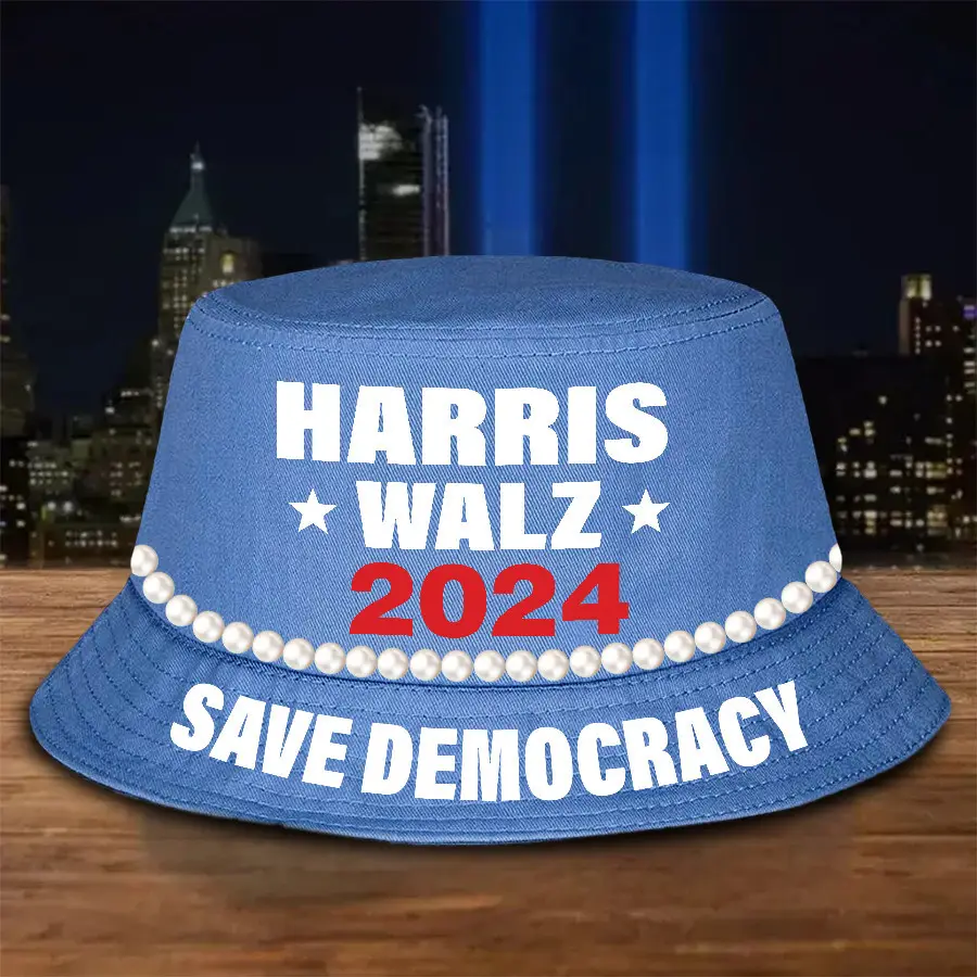 Harris Walz 2024 Save Democracy Pearls Bucket Hat Vote Blue