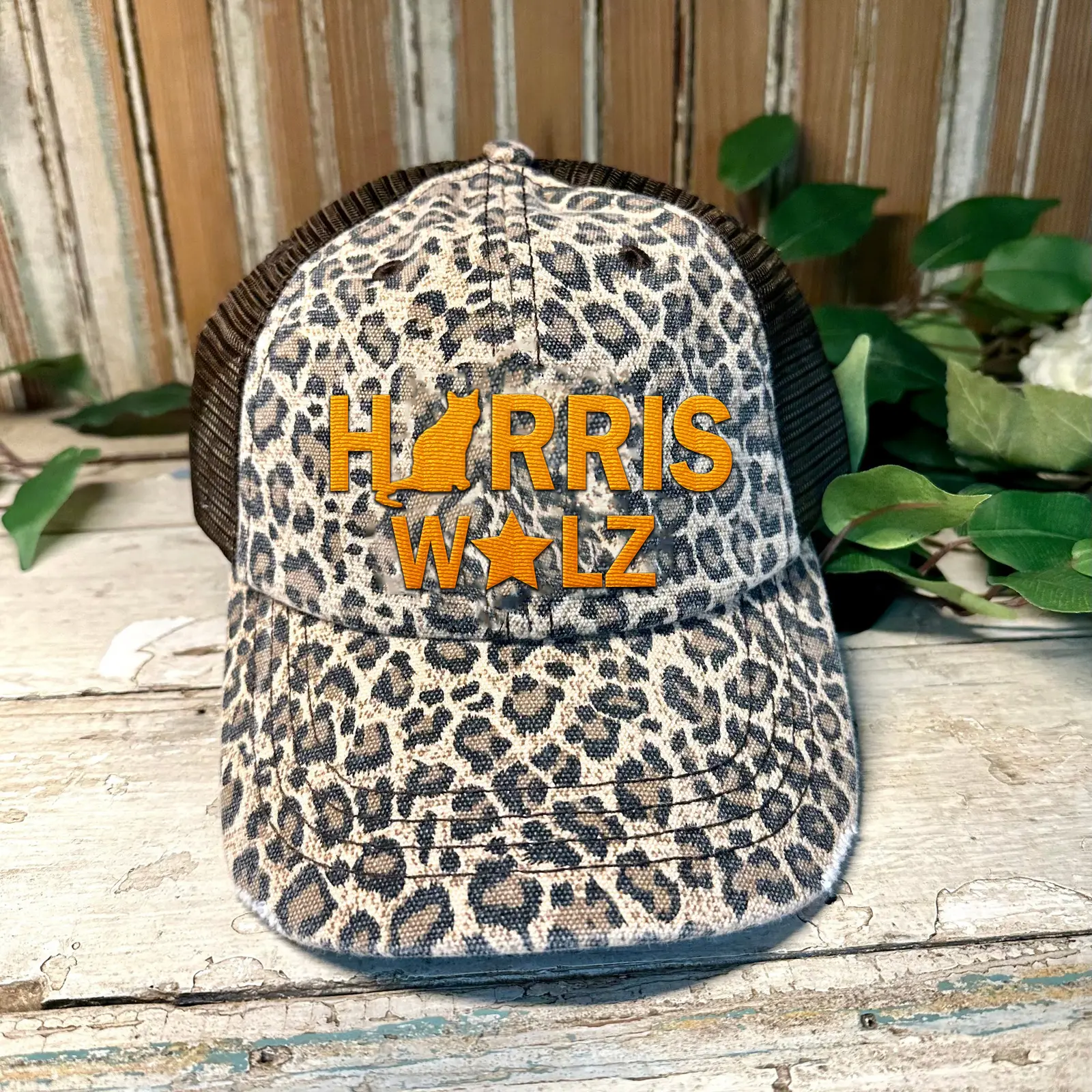 Harris Walz Embroidered Trucker Cap Leopard Camo Harris Walz 2024 Hat Gifts For Her