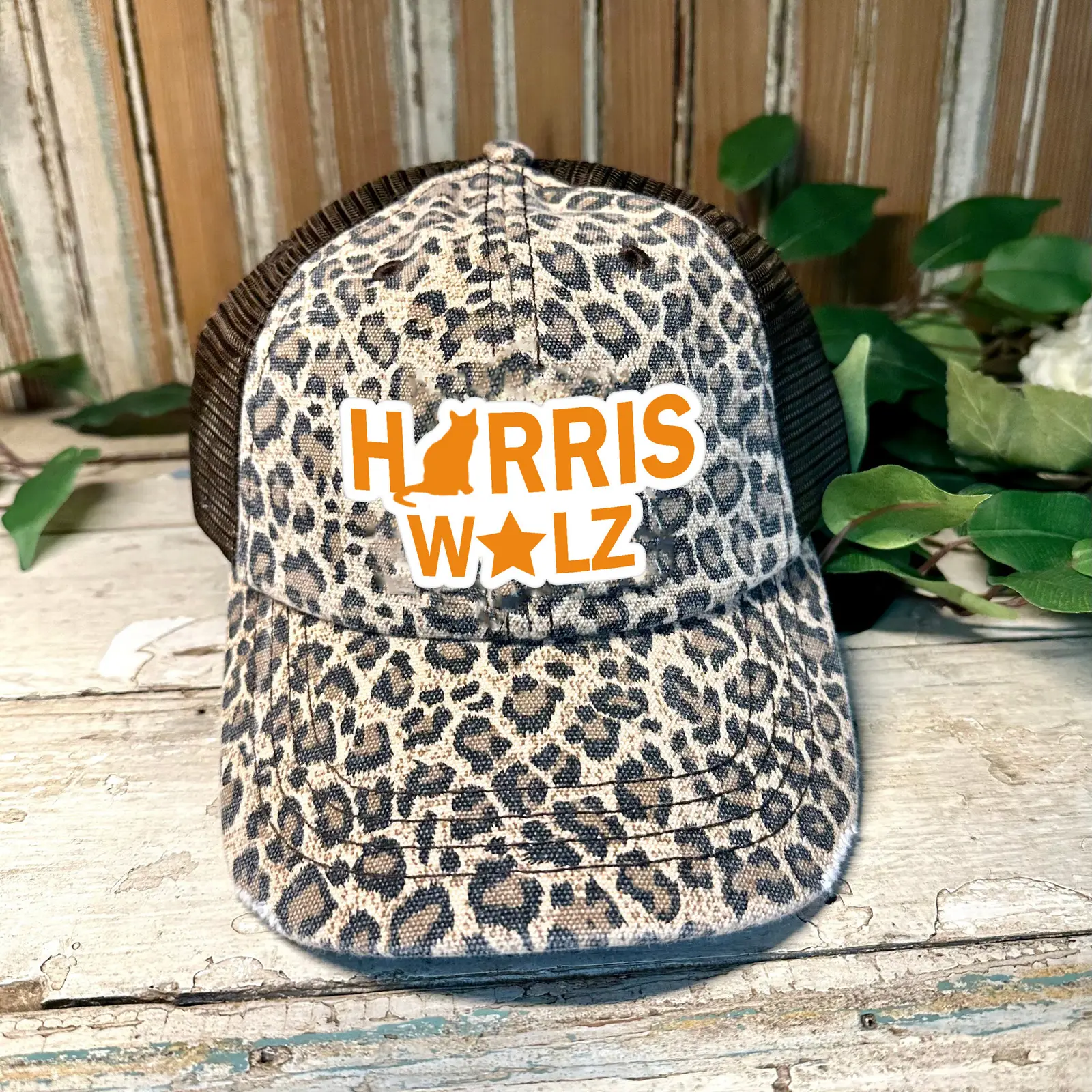 Harris Walz Printed Trucker Cap Leopard Camo Harris Walz 2024 Hat Gifts For Her