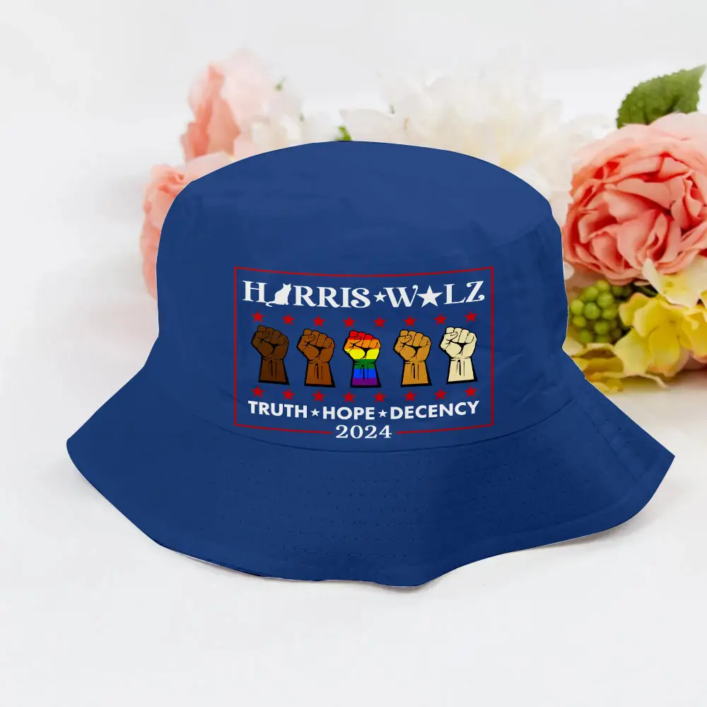 Harris Walz Truth Hope Decency 2024 Bucket Hat Vote Harris Walz Slogan Campaign Merch