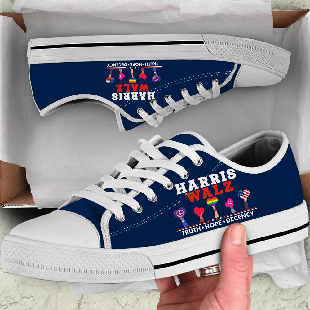 Harris Walz Truth Hope Decency Low Top Shoes Vote Kamala Childless Cat Lady Sneakers