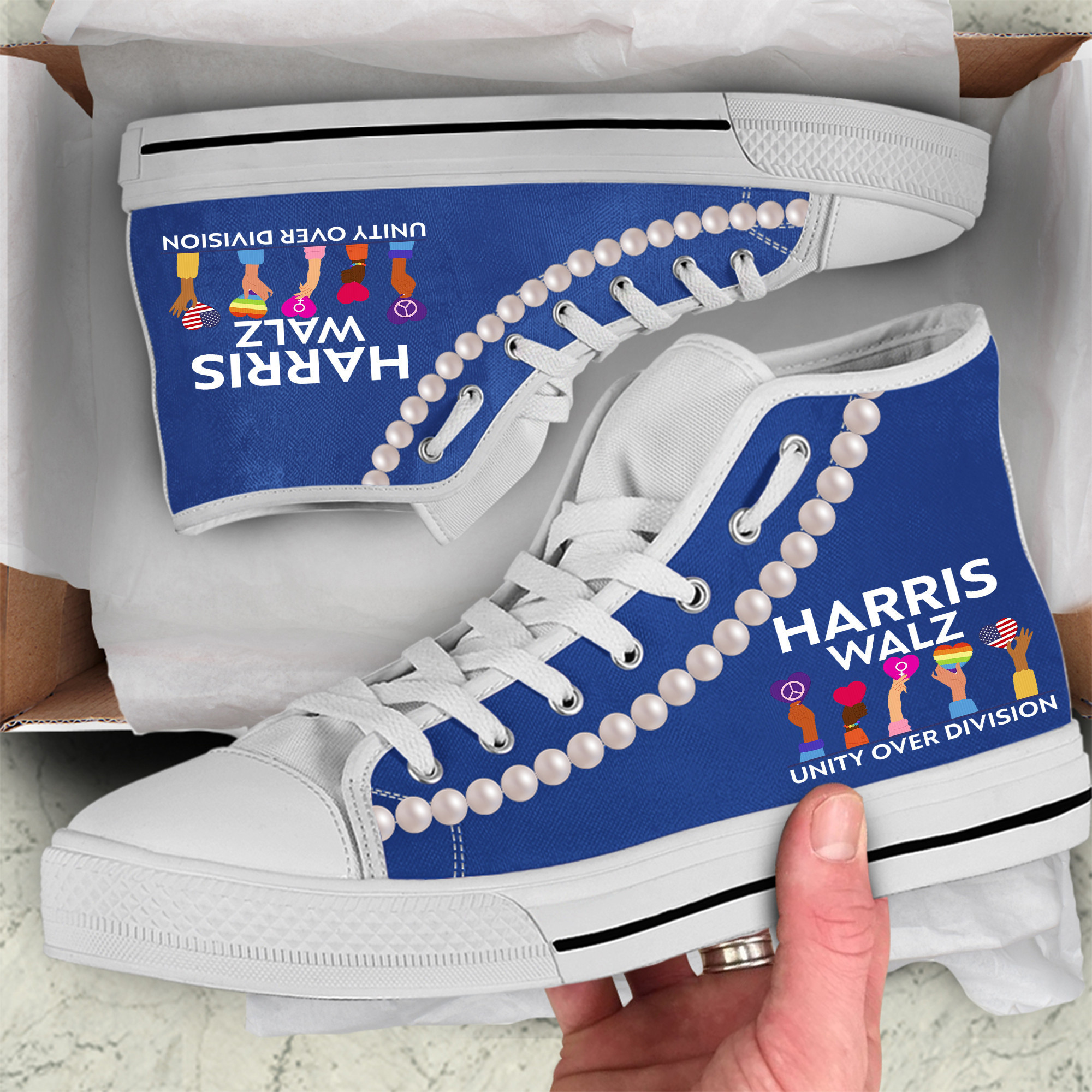 Harris Walz Unity Over Division High Top Shoes Chucks And Pearls Shoes Harris Walz Merch