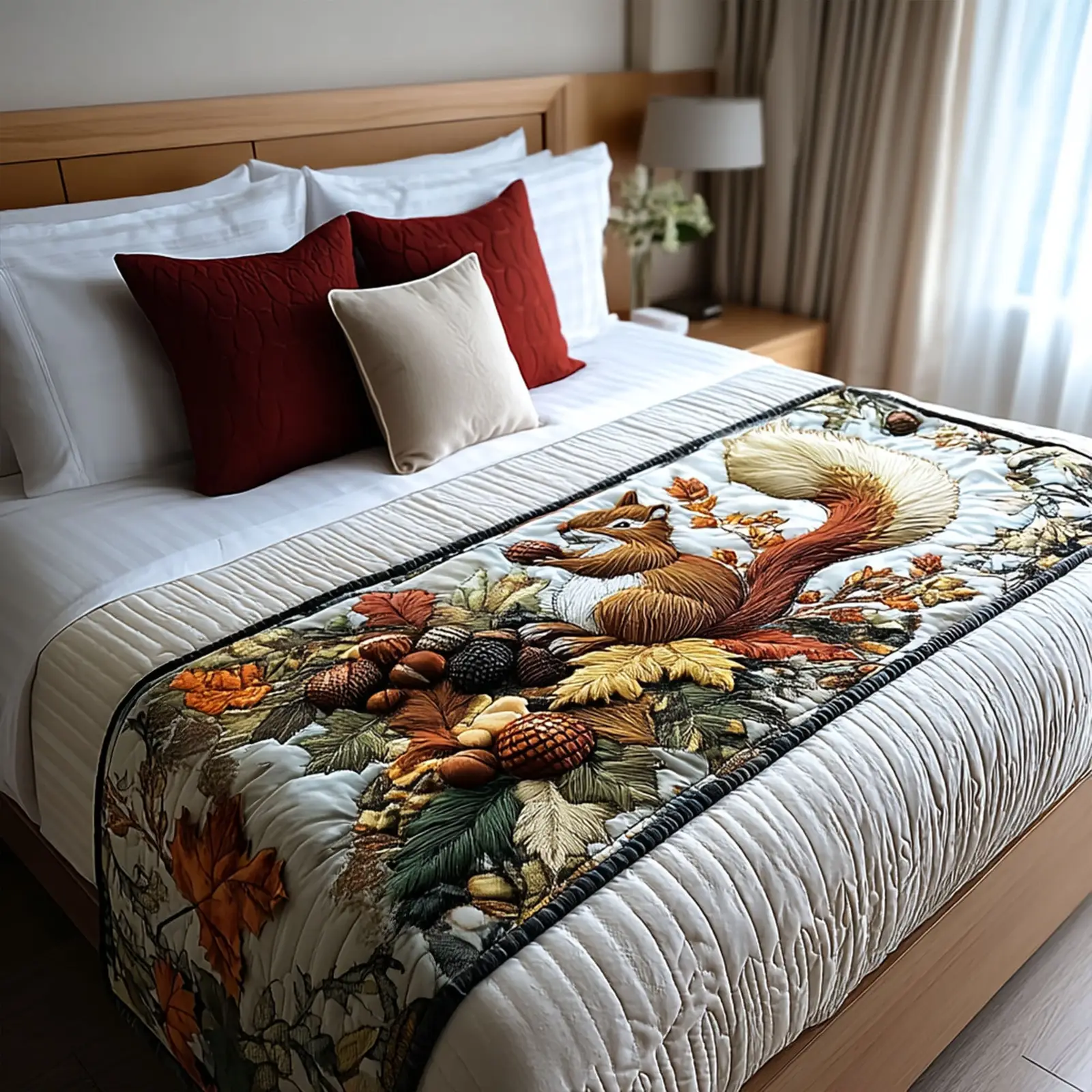 Harvest Day Squirrel Quilted Bed Runner Harvest Day Squirrel Autumn Gift