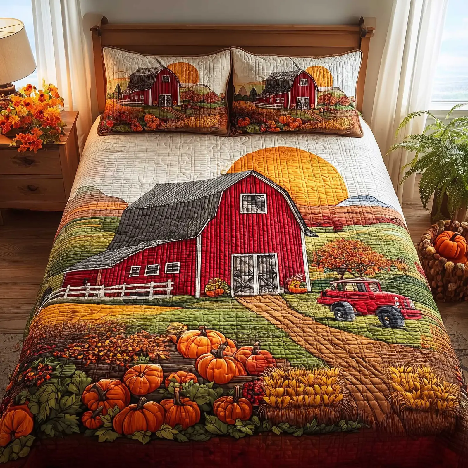 Harvest Farmhouse Quilted Bedding Set Duvet Cover Bedspread Gift Ideas For Farm Dad