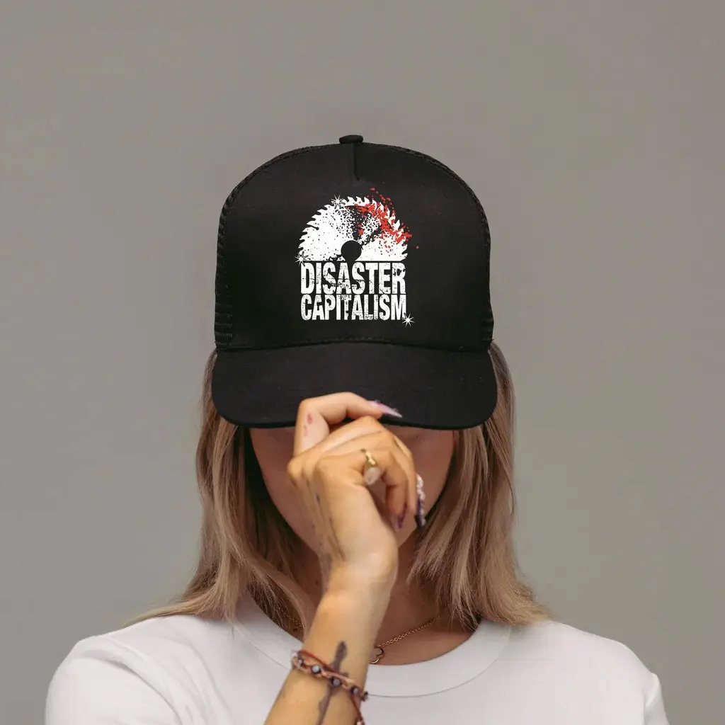 Hasan Piker Merch Disaster Capitalism Saw Blade Trucker Hat Husband Christmas Gift Ideas -WearandDecor