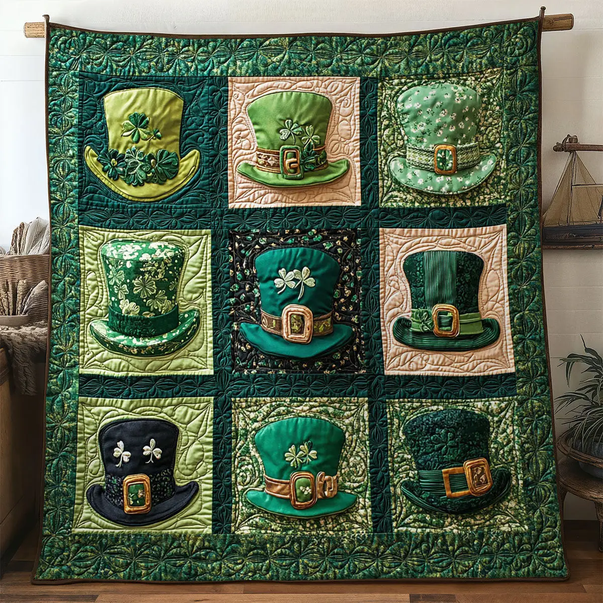 Hats Of Clover Quilted Blanket Cozy Home Decor St Patrick's Day Gift Ideas