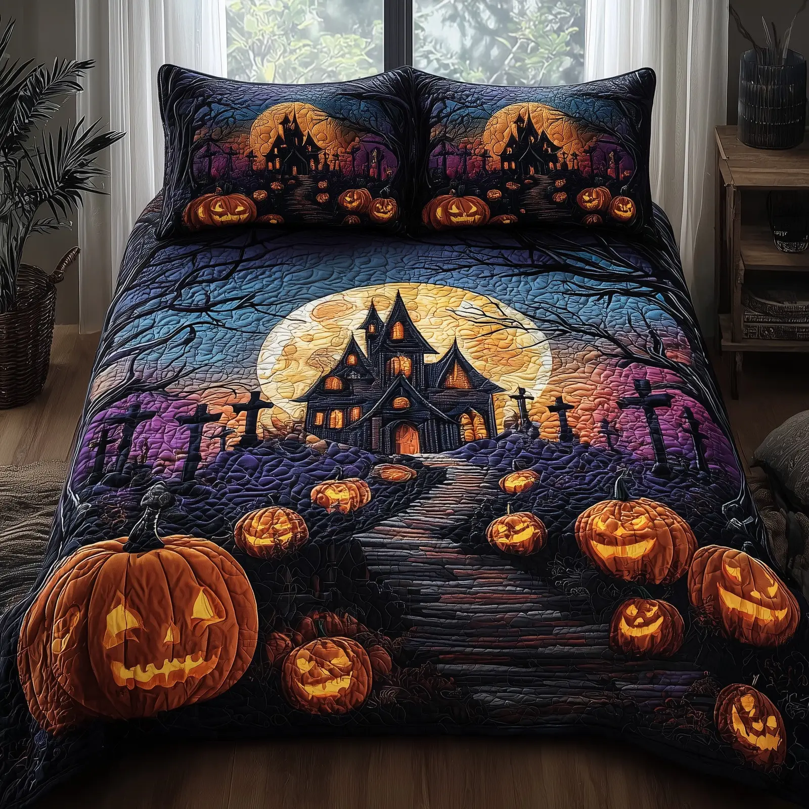 Haunted Manor Quilted Bedding Set Geometrical Pattern Haunted Manor Quilted Bedding Set Geometrical Pattern - Image 1