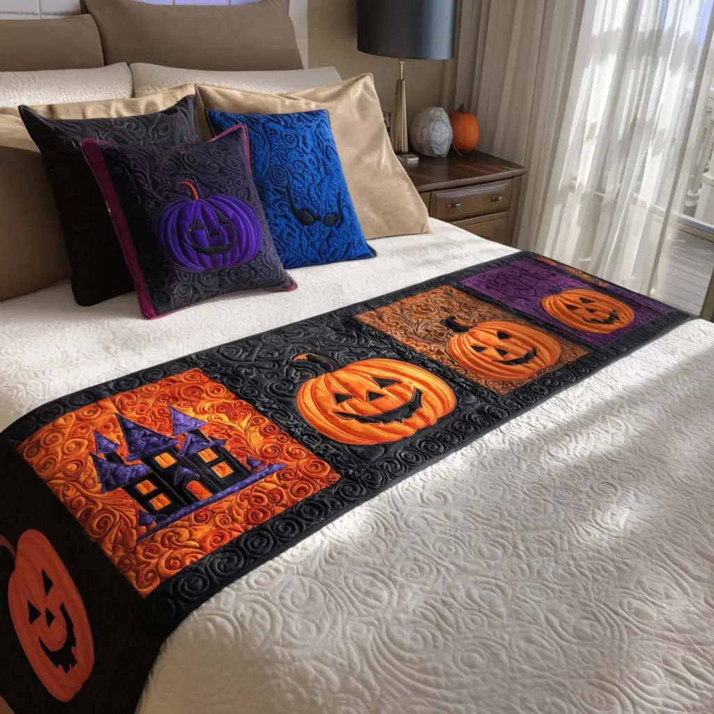 Haunted Moon Quilted Bed Runner Haunted Moon Scene Spooky Home Gift