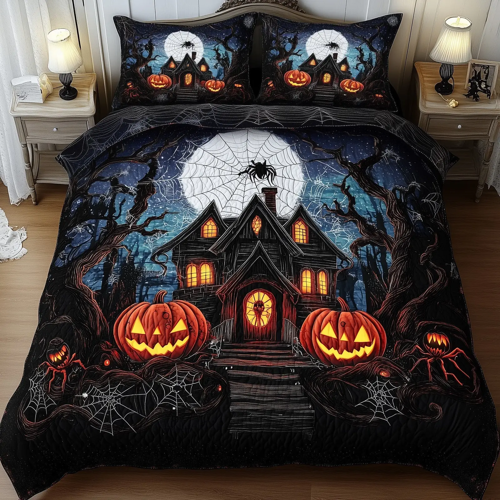 Haunted Pumpkin House Quilted Bedding Set Duvet Cover Bedspread Halloween Gifts For Men Haunted Pumpkin House Quilted Bedding Set Duvet Cover Bedspread Halloween Gifts For Men - Image 1