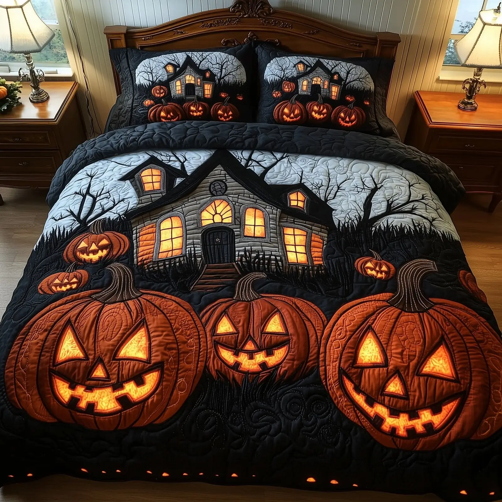 Haunted Pumpkin HouseQuilted Bedding Set Duvet Cover Bedspread Halloween Gifts