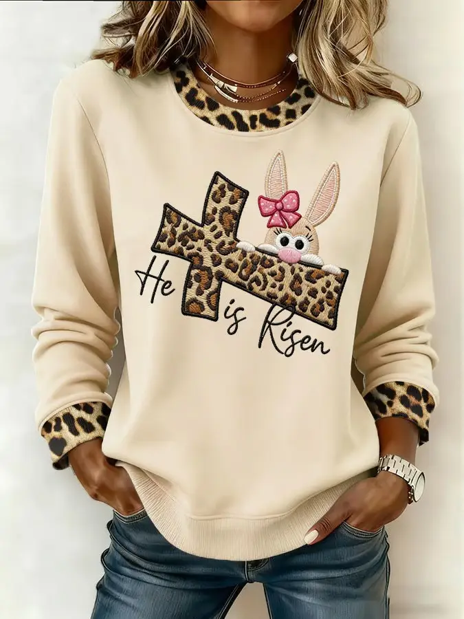 He Is Risen Leopard Cross Easter Bunny Sweatshirt Cute Rabbit Fan Tee Best Gift For Easter Jesus Fans