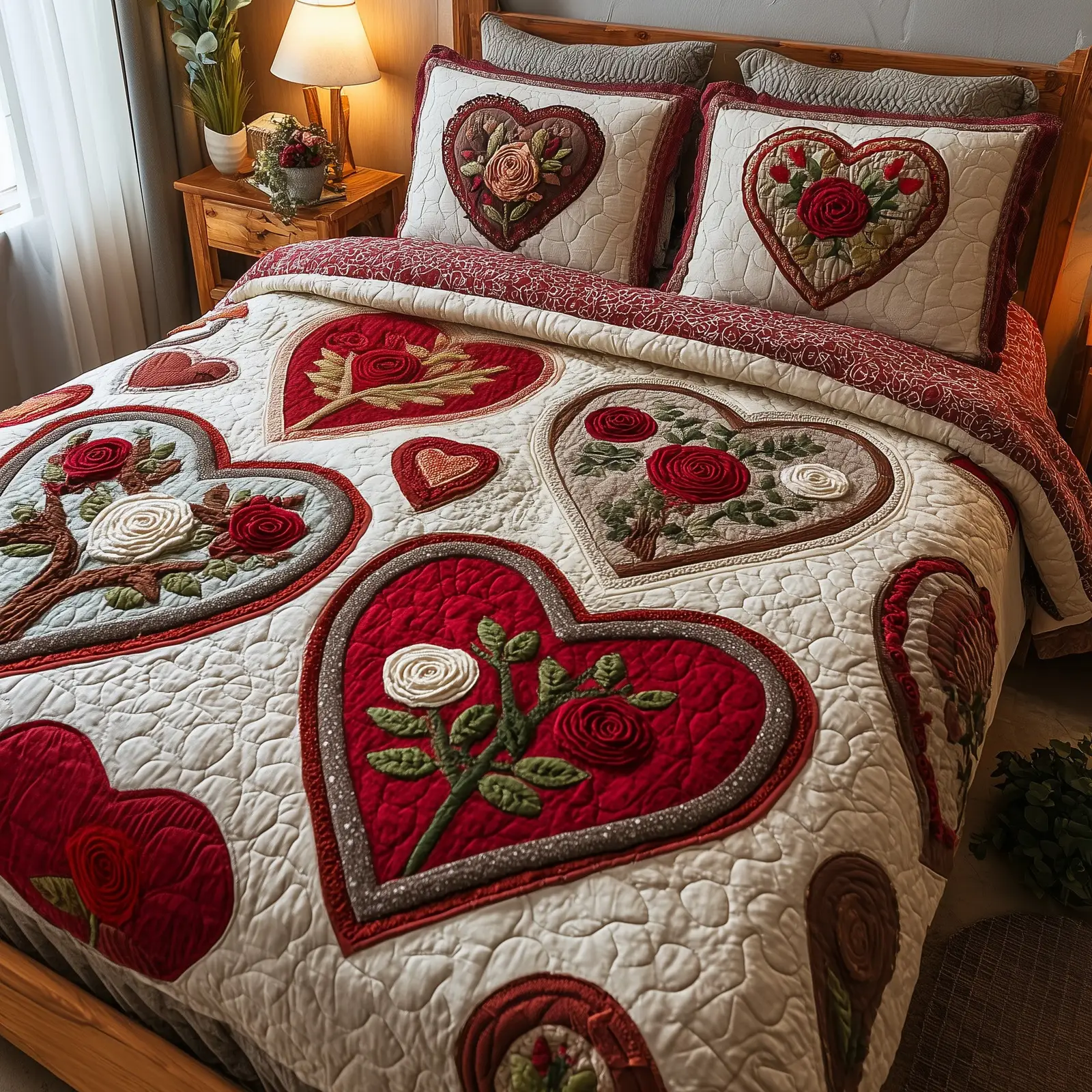 Heart And Rose Quilted Bedding Set Elegant Bedding