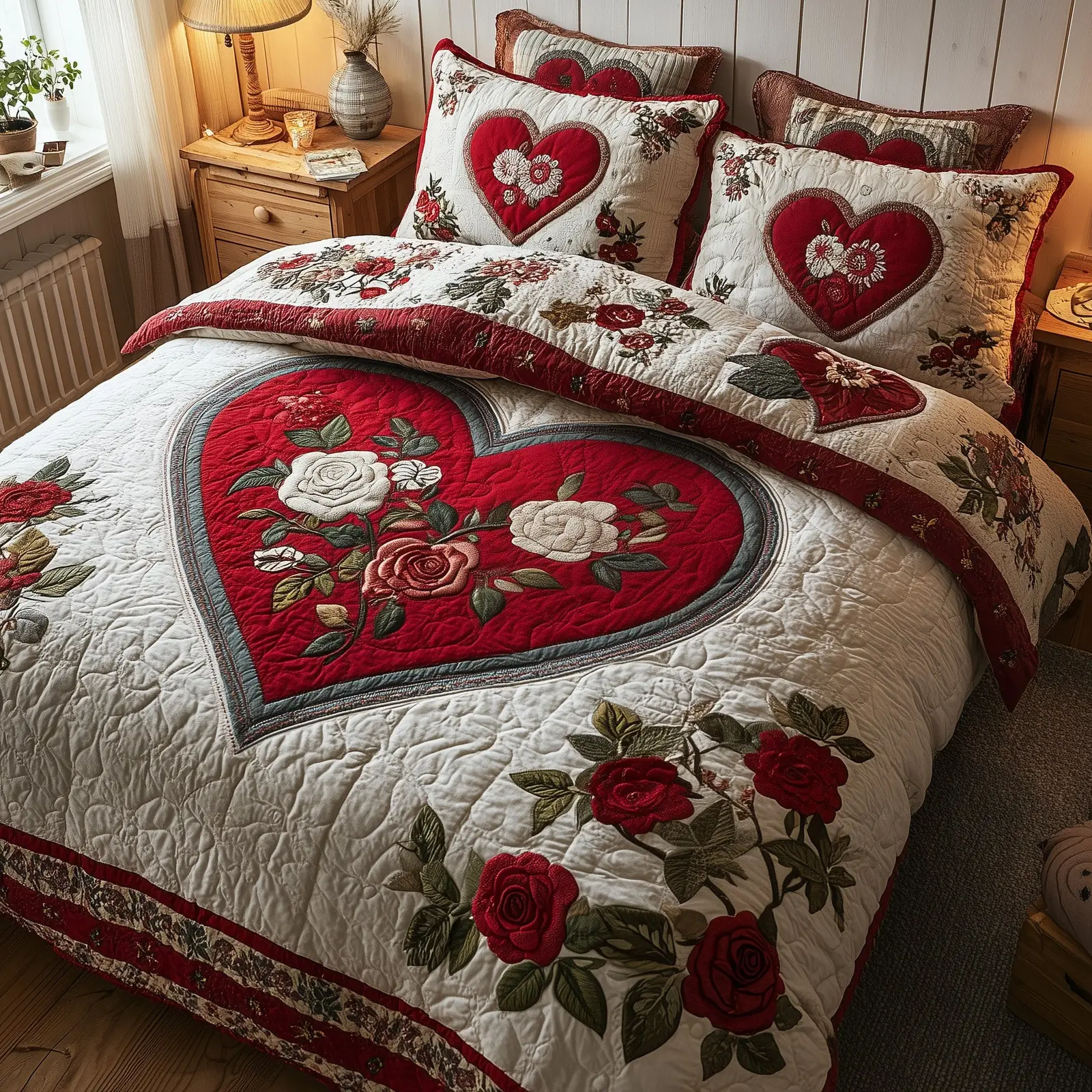 Heart And Rose Quilted Bedding Set For Women Heart And Rose Quilted Bedding Set For Women - Image 1