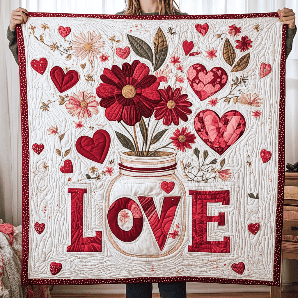 Heart Bouquet Quilted Blanket Vintage Home Decor First Valentine Gift For Girlfriend