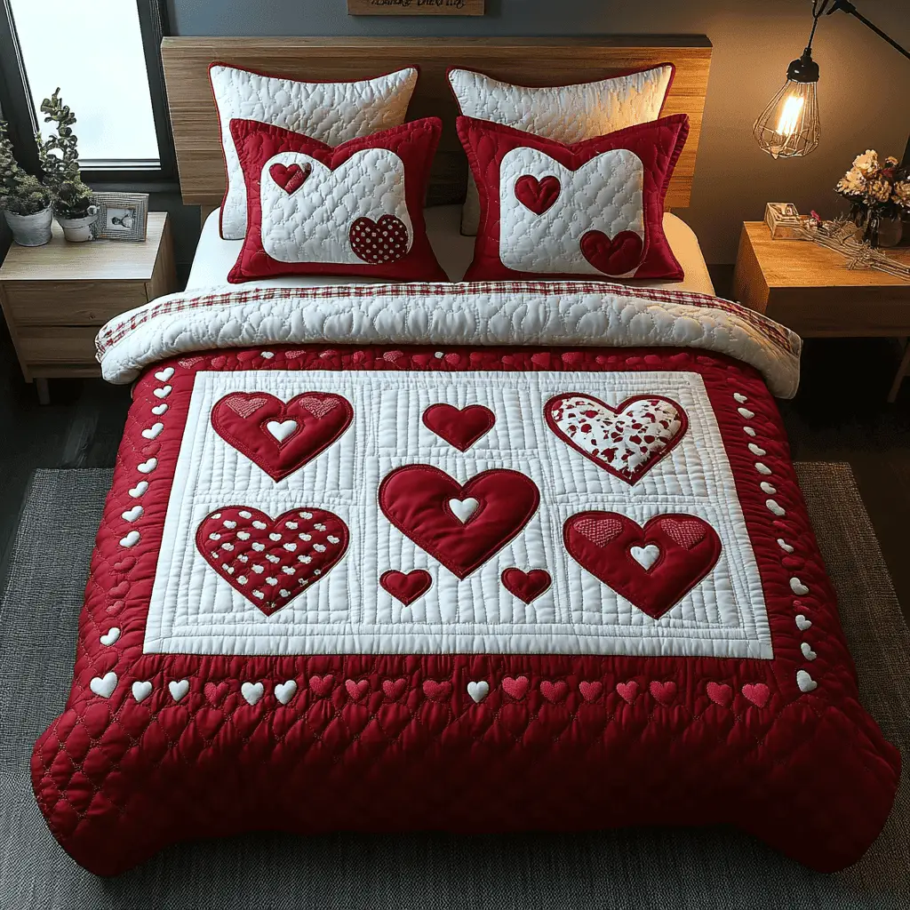 Heart Charm Quilted Bedding Set Best Valentine Day Duvet Cover Ideas For Mom