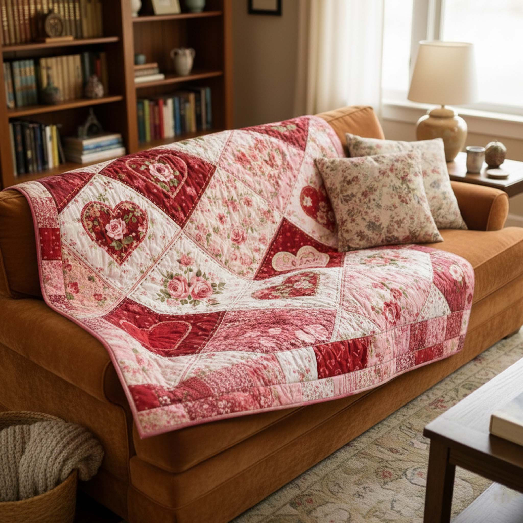 Heart Patchwork Quilted Blanket Rustic Home Decor First Valentine Gift For Boyfriend Heart Patchwork Quilted Blanket Rustic Home Decor First Valentine Gift For Boyfriend - Image 1