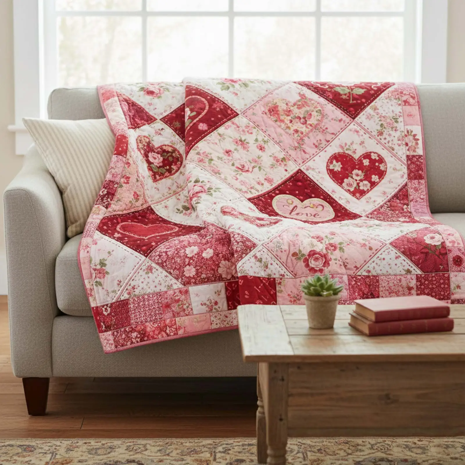 Heart Patchwork Quilted Blanket Rustic Home Decor Valentines Gifts For Boyfriend