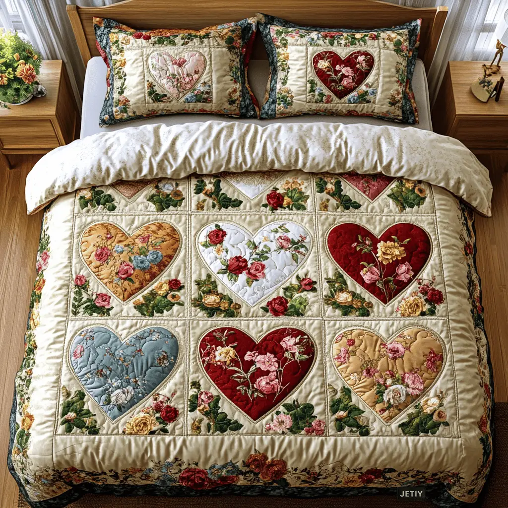 Heart Quilted Bedding Set Flower Retro Aesthetic Best Valentines Room Ideas For Girlfriend