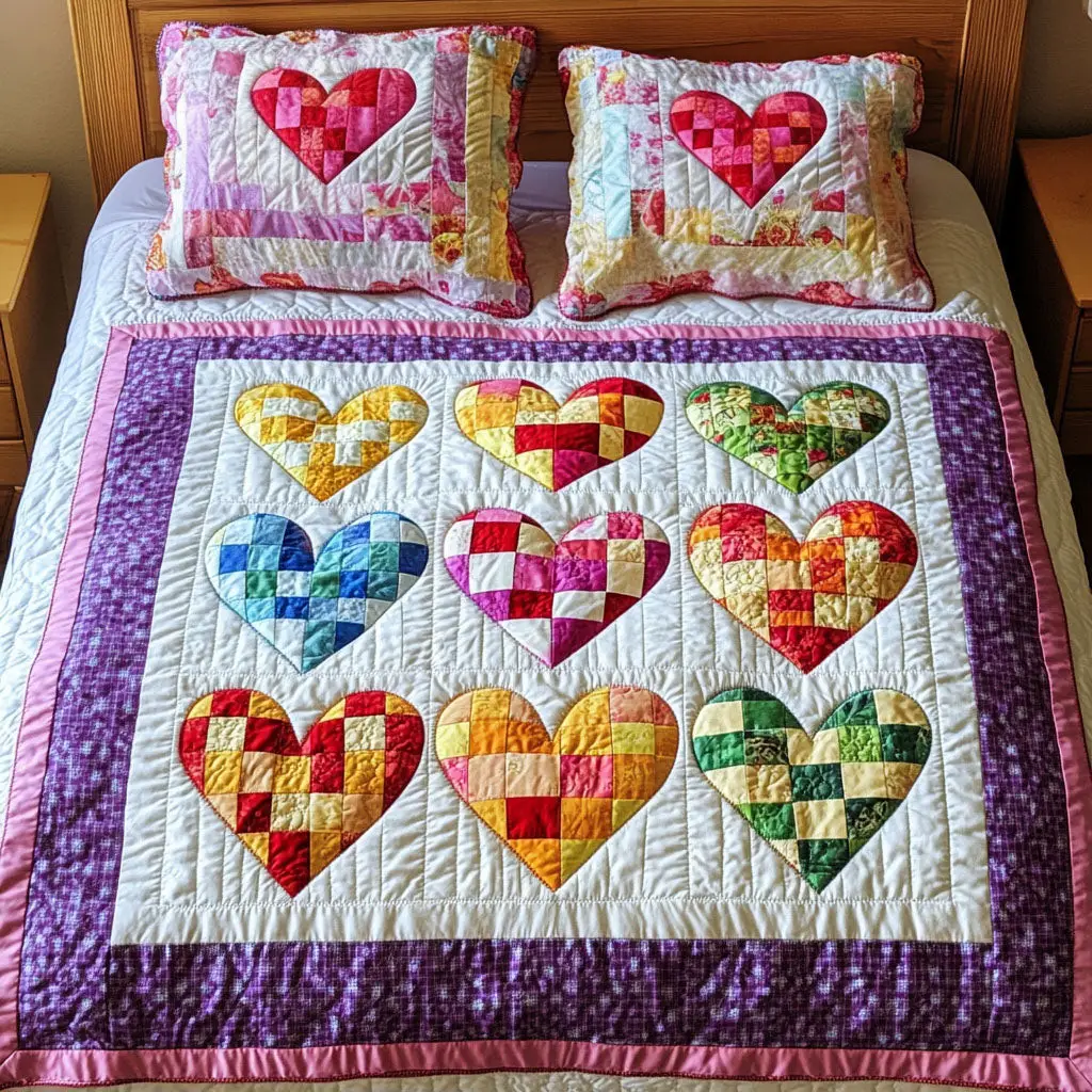 Hearts Colorful Patchwork Quilted Bedding Set Gifts To Give Your Wife For Valentine Day