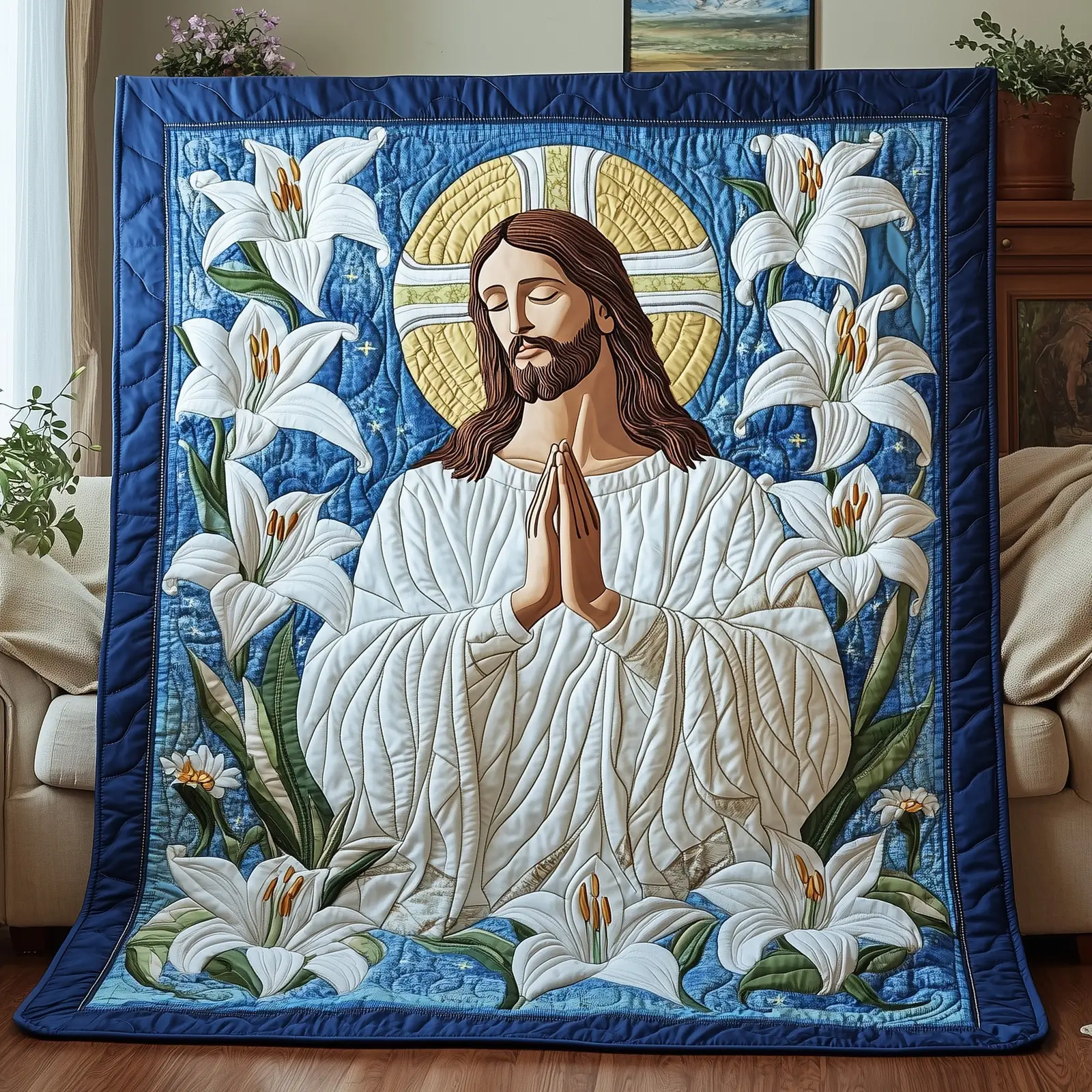 Heavenly Grace Quilted Blanket Jesus Praying With Lilies Jesus Gifts For Christmas