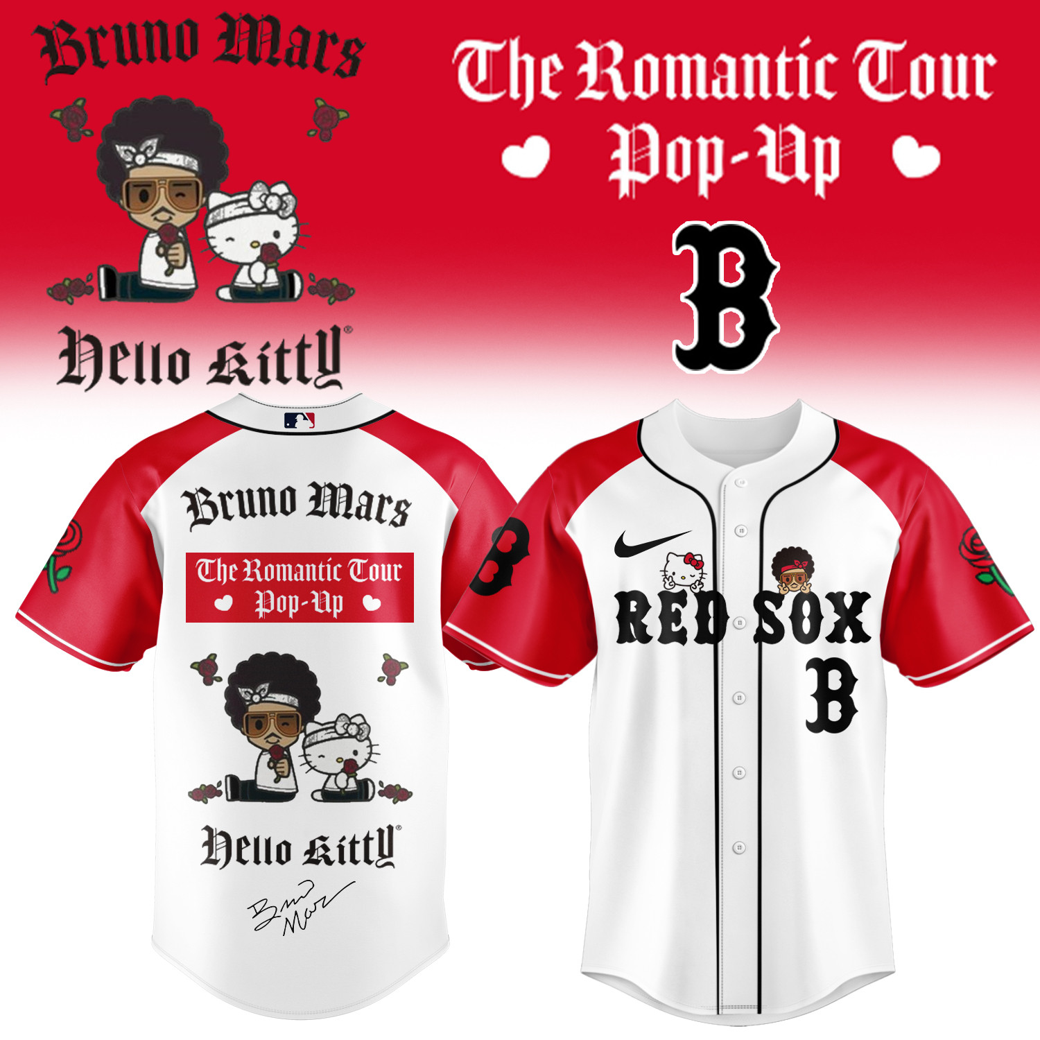 Hello Kitty x Bruno Mars Boston Red Sox Jersey Game Day Clothing Music Lover Gift For Him Hello Kitty x Bruno Mars Boston Red Sox Jersey Game Day Clothing Music Lover Gift For Him - Image 1