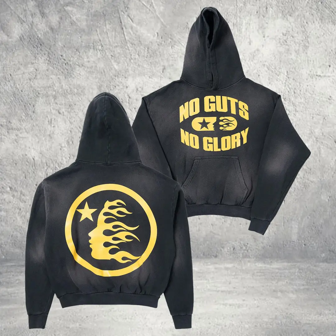 Hellstar No Guts No Glory Hoodie Washed Black Streetwear Clothing Gift Ideas