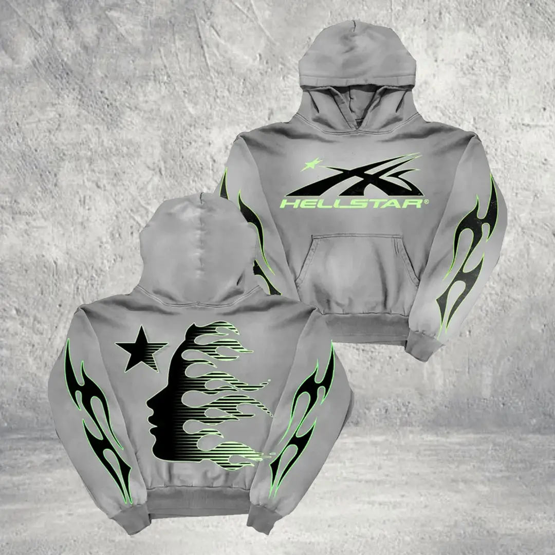 Hellstar Sports Flames Hoodie Grey Streetwear Apparel Birthday Gift for Him