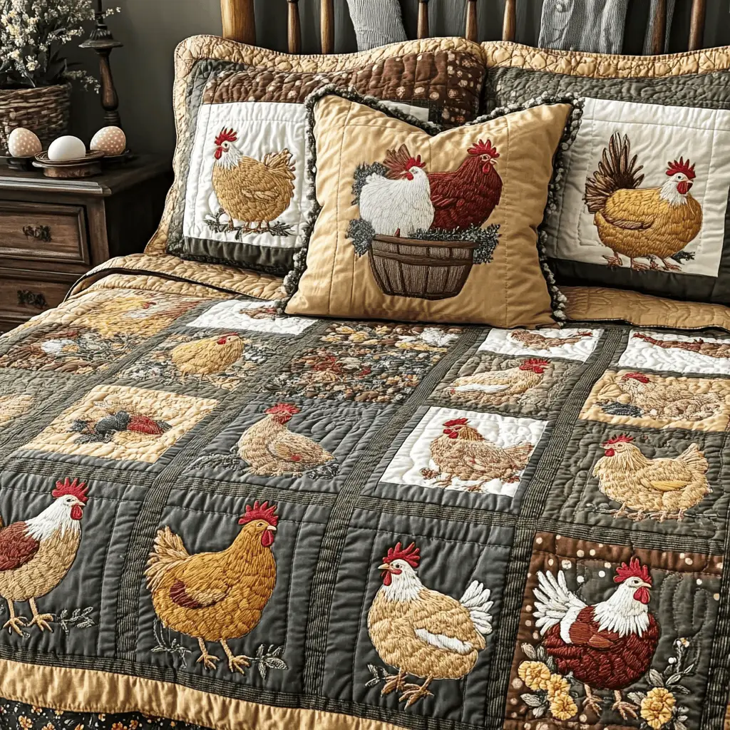 Hen Parade Quilted Bedding Set Aesthetic Room Decor Gift Ideas For Chicken Lovers