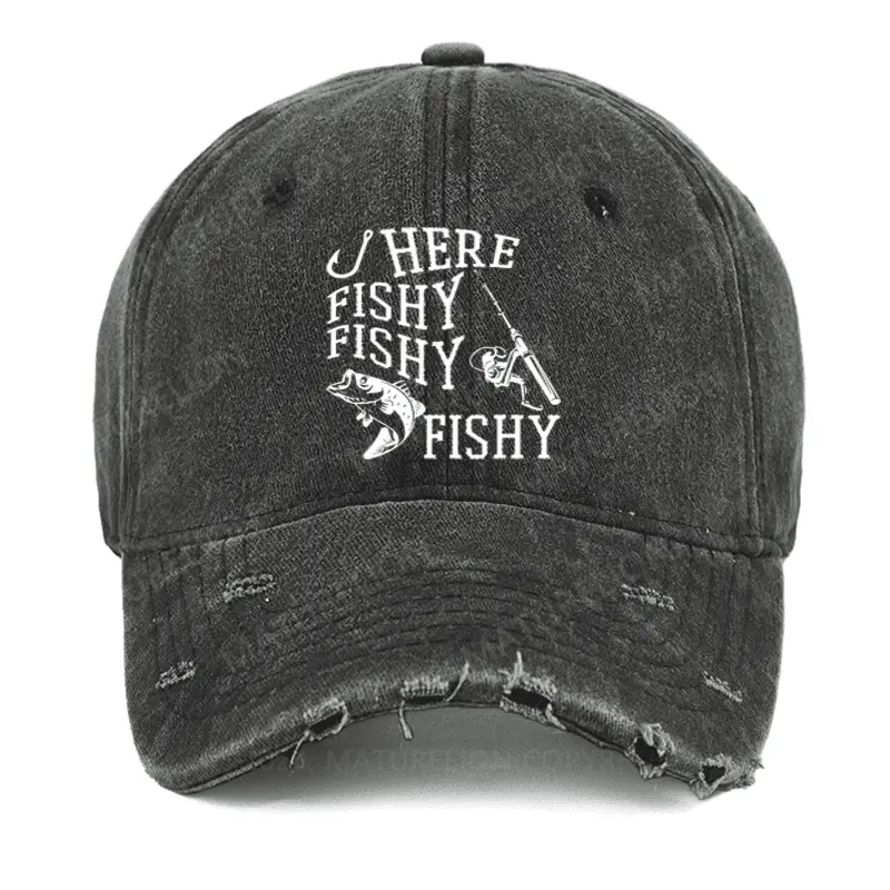 Here Fishy Fishy Fishy! Washed Vintage Cap Funny Graphic Tee for Men – Witty Quote T-Shirt