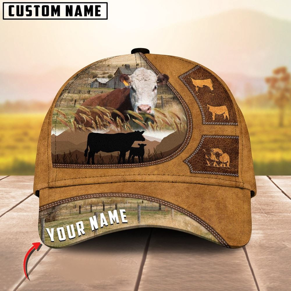 Hereford Art On Farm Yellow Leather Pattern Customized 3D Cap Farmer Baseball Cap Gift For Farmer