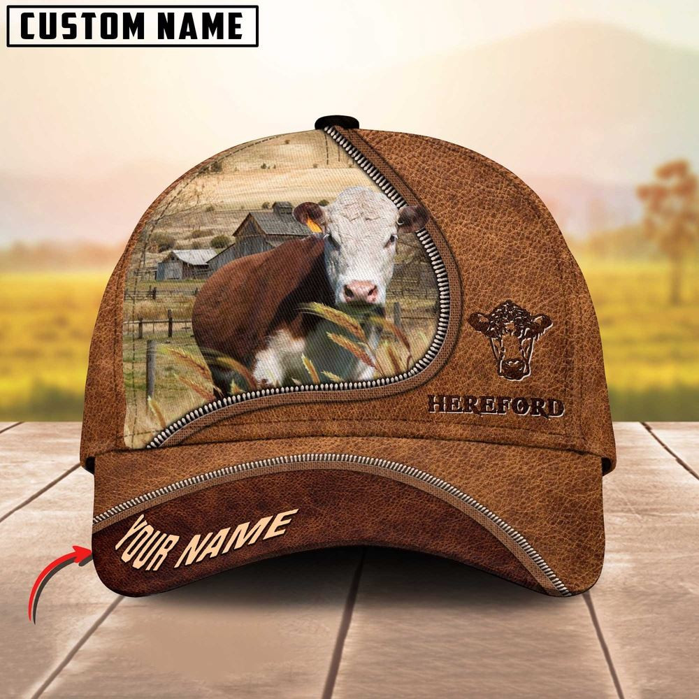 Hereford Cattle Brown Leather Zip Pattern Customized Name Cap Farmer Baseball Cap Gift For Farmer Hereford Cattle Brown Leather Zip Pattern Customized Name Cap Farmer Baseball Cap Gift For Farmer - Image 1