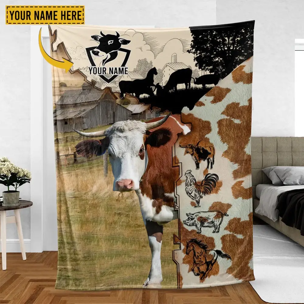 Hereford Cattle Personalized Name Blanket Farm Animal Blanket Gift For Whole Family