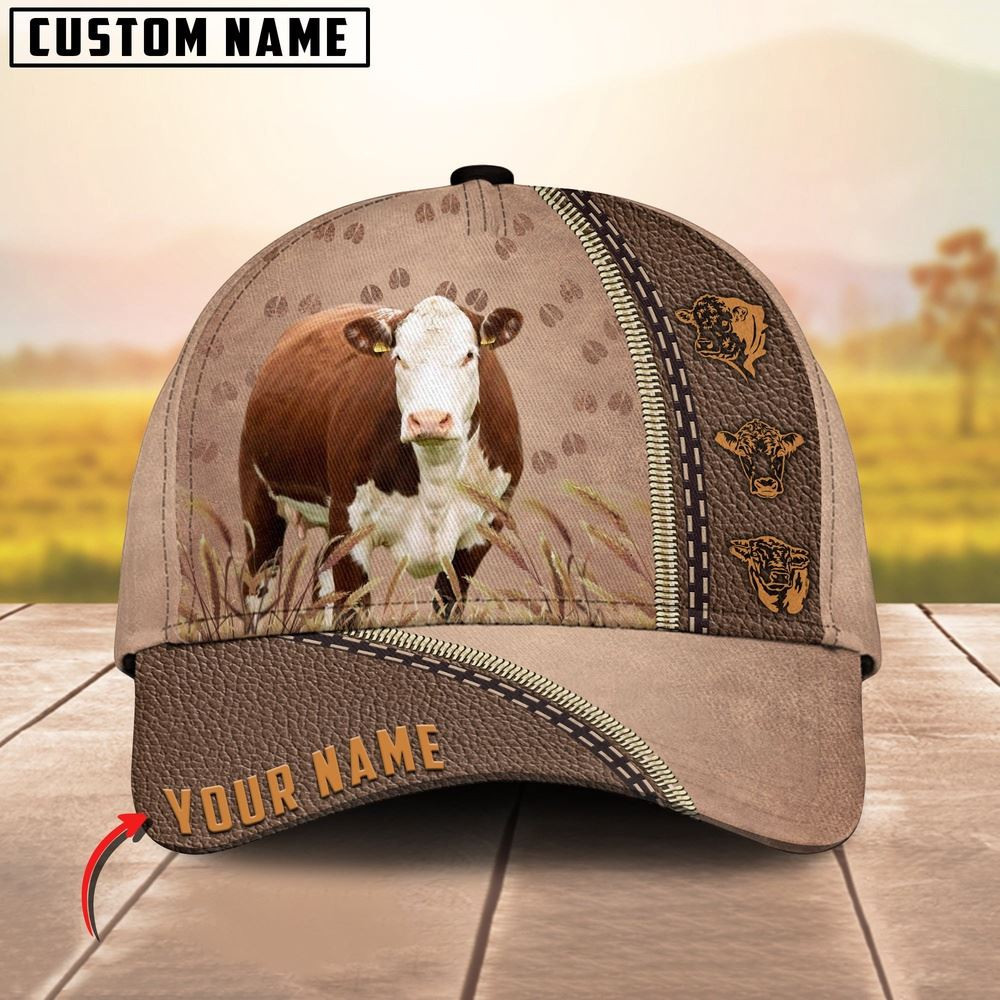 Hereford Cattle Personalized Name Brown Leather Pattern Cap Farmer Baseball Cap Gift For Farmer Hereford Cattle Personalized Name Brown Leather Pattern Cap Farmer Baseball Cap Gift For Farmer - Image 1