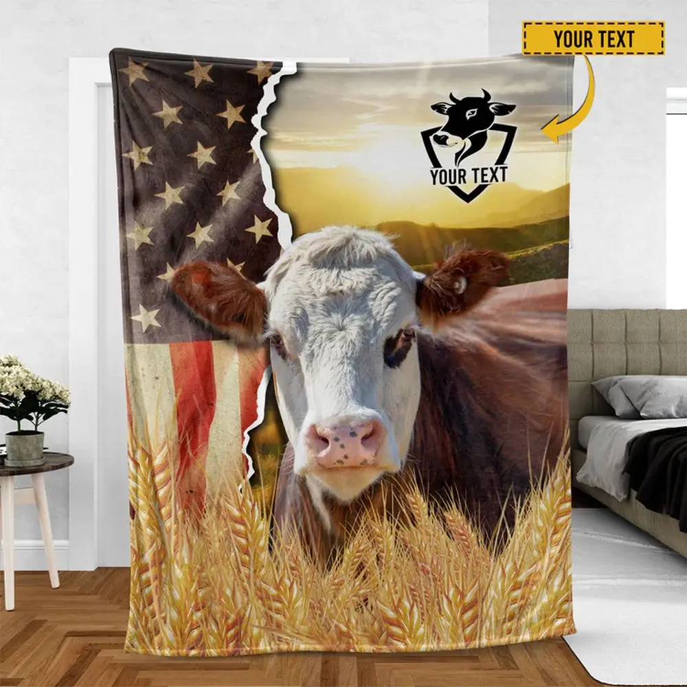Hereford Cattle Personalized Name U.S Flag Blanket Farm Animal Blanket Gift For Whole Family