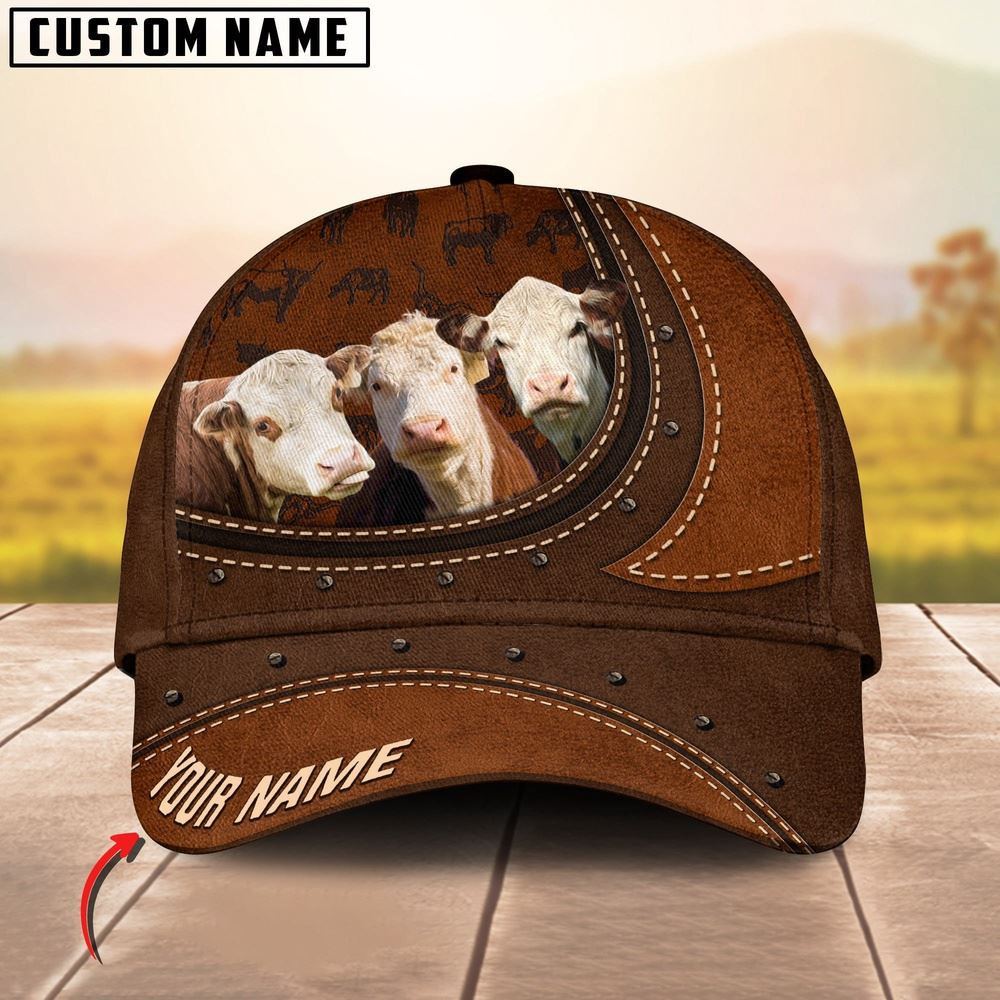 Hereford Happiness Leather Pattern Art Customized Name Cap Farmer Baseball Cap Gift For Farmer
