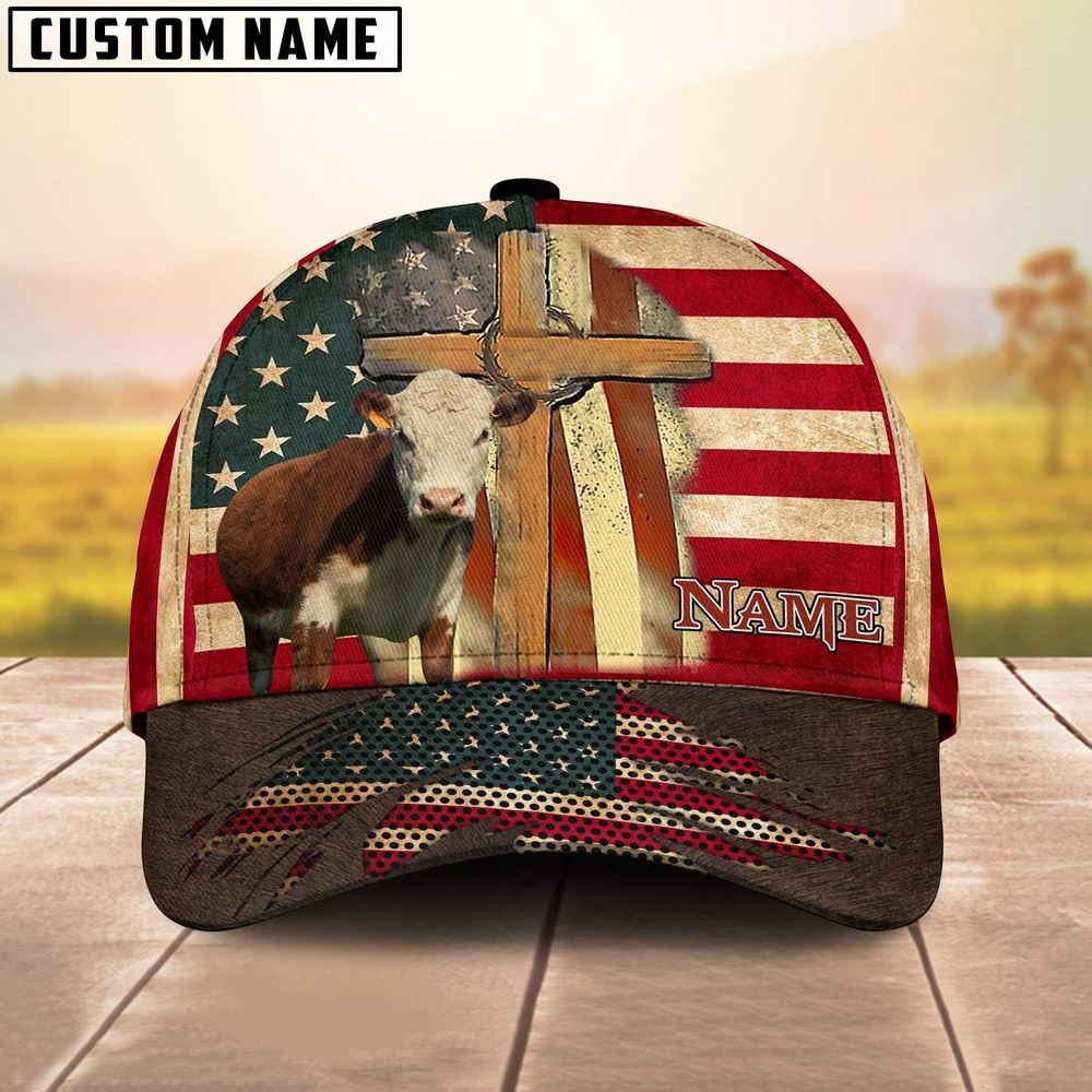 Hereford USA Flag Customized Name Cap Farm Cap Farmer Baseball Cap Gift For Farmer