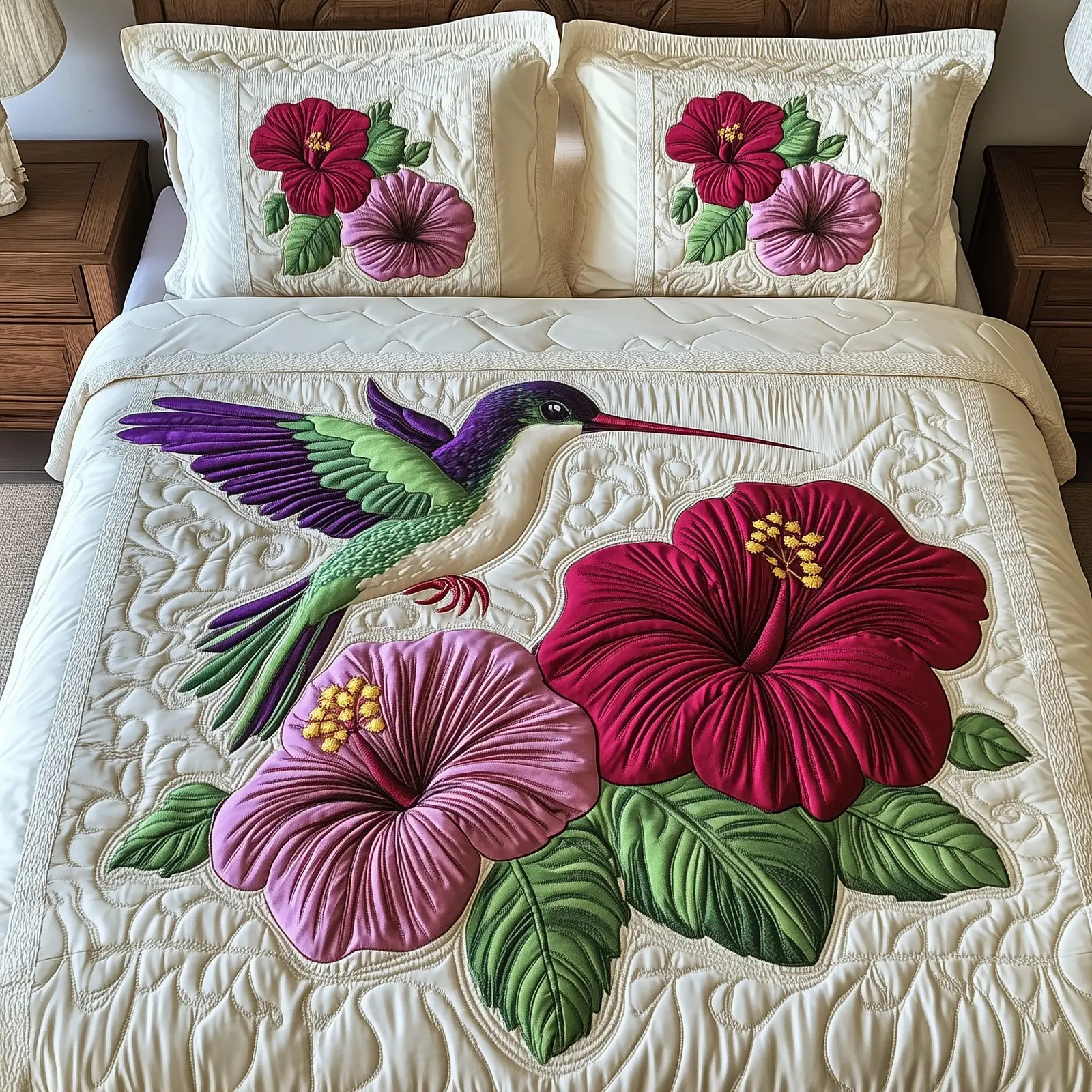 Hibicus Dance Quilted Bedding Set Cotton Sateen