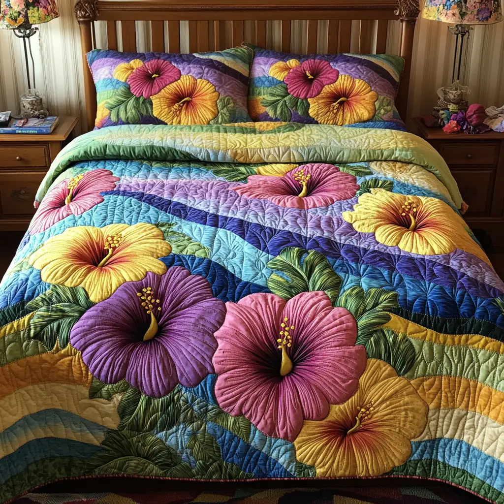 Hibiscus Harmony Quilted Bedding Set Bedroom Decorations Gifts For Flower Enthusiasts