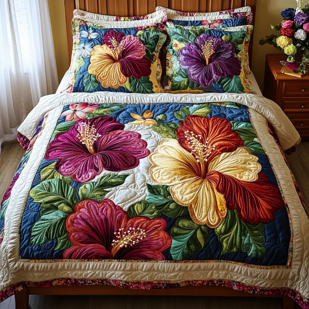 Hibiscus Haven Quilted Bedding Set Perfect Bedding Gift Set for Holiday Celebrations