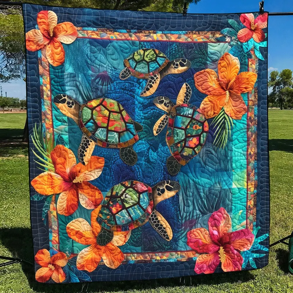 Hibiscus Sea Turtle Quilted Blanket Tropical Ocean Beach Throw Best Gift For Turtle Lover Hawaii Fan Hibiscus Sea Turtle Quilted Blanket Tropical Ocean Beach Throw Best Gift For Turtle Lover Hawaii Fan - Image 1