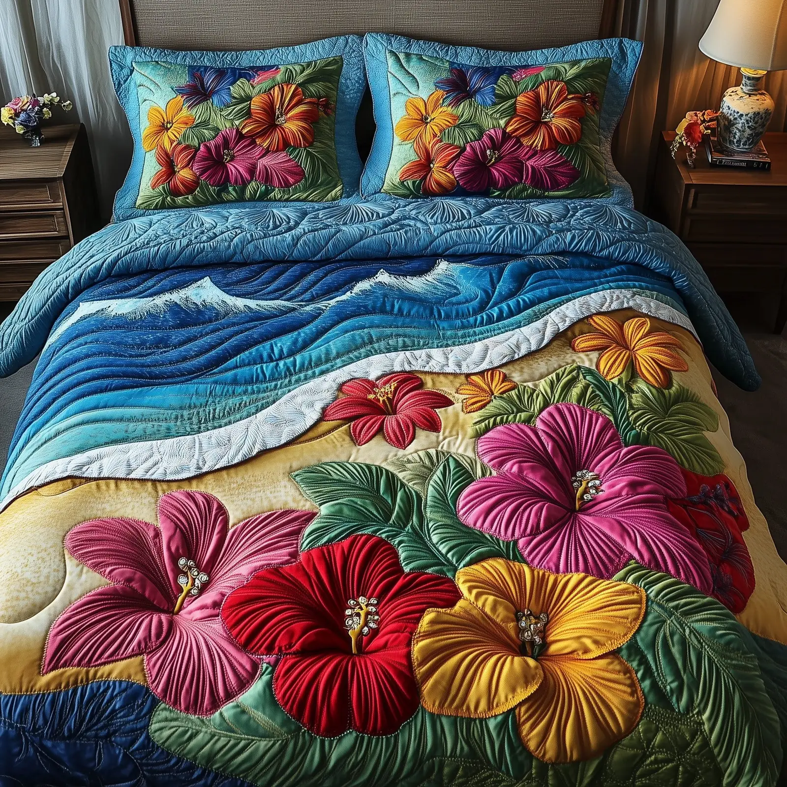 Hibiscus Shoreline Quilted Bedding Set Duvet Cover Bedspread Gifts For Flower Lovers