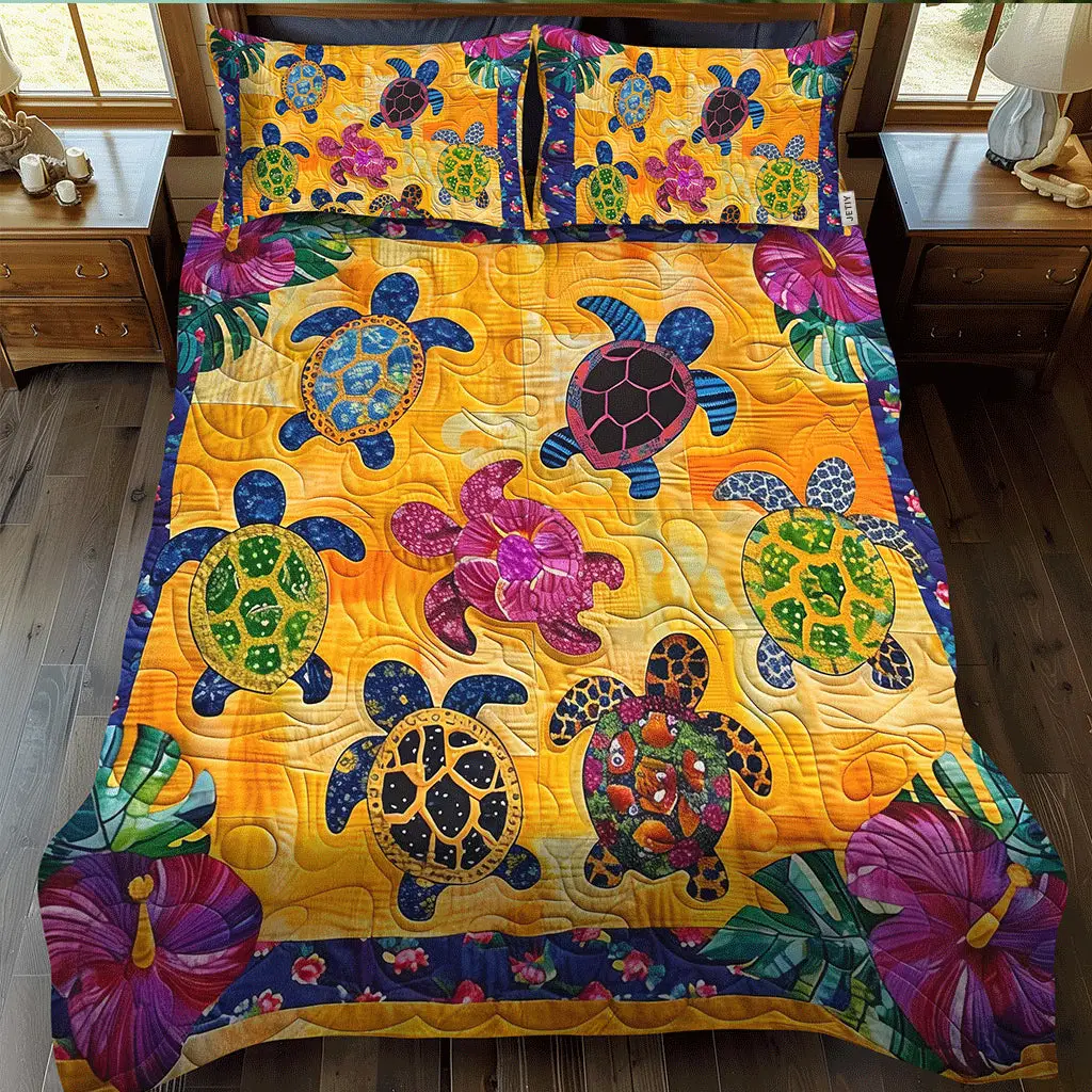 Hibiscus Turtle Quilted Bedding Set Summer Beach Duvet Covers Gift For Turtle Lovers