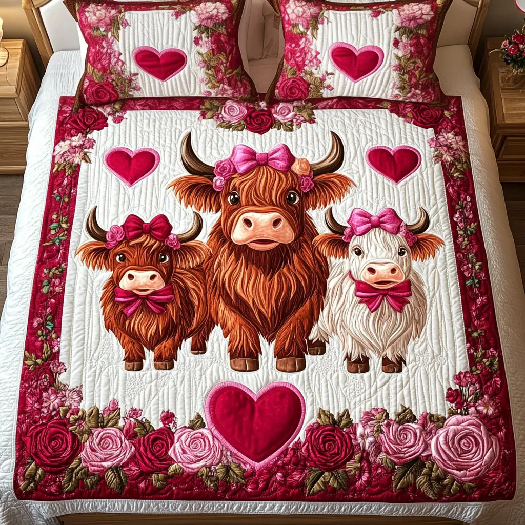 Highland Cow Amour Herd Quilted Bedding Set Best Valentine Day Gifts For Mother In Law