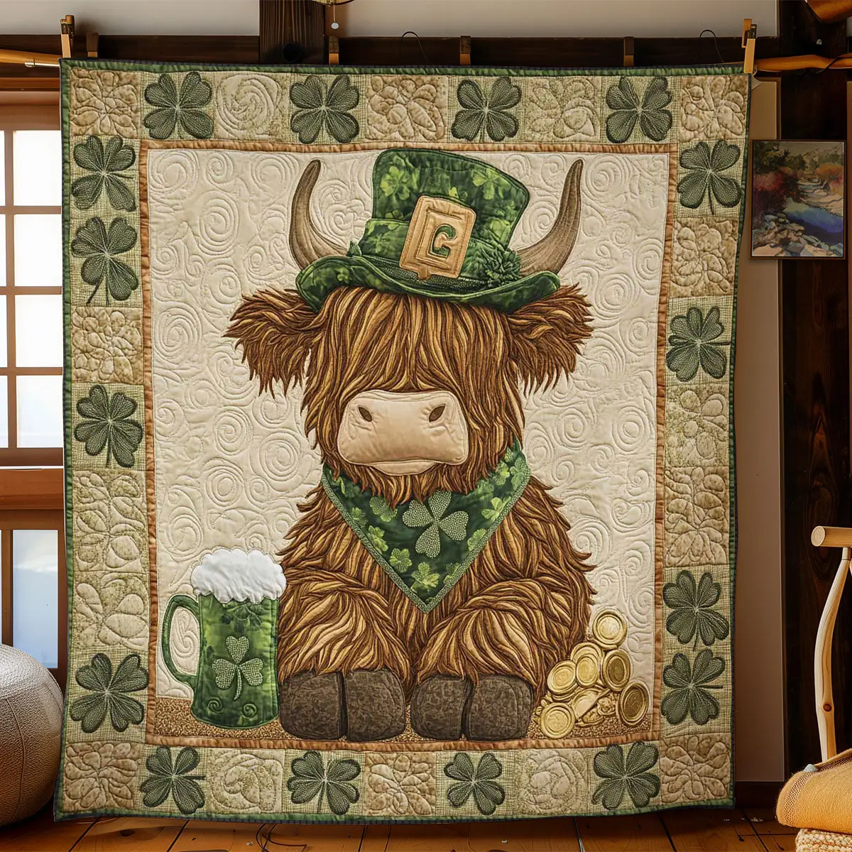 Highland Cow and Shamrocks Quilted Blanket St Patrick's Day Holiday Decor Gift For Cow Lovers