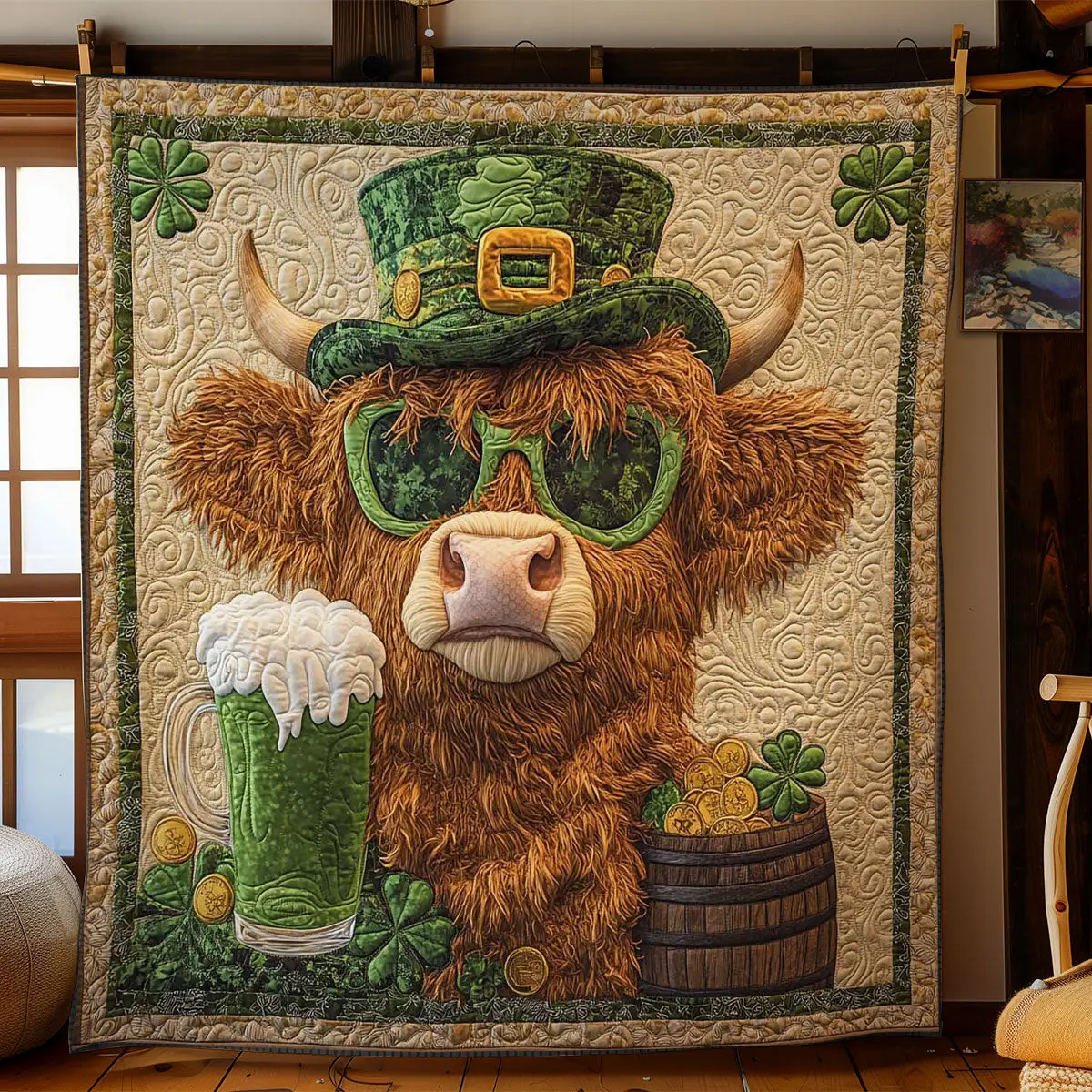 Highland Cow Brew Clover Quilt Blanket Best Throws For Sofas Blanket St Patrick's Day Art Ideas